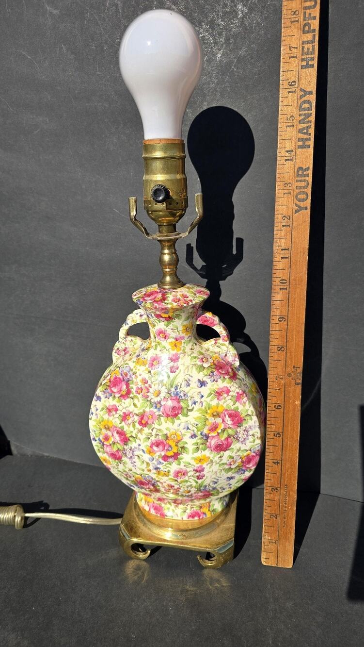 Vintage Floral Chintz Ceramic Table Lamp Brass Base Cottagecore Decor Rose